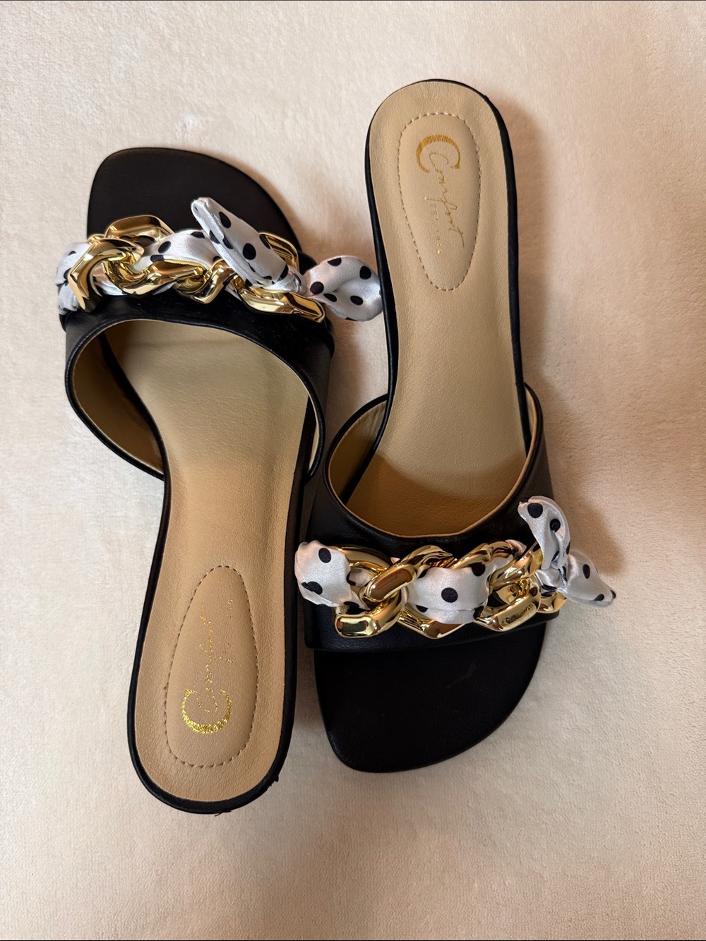 Cato Black Slide Mules with Gold Chain and Polka Dot Scarf